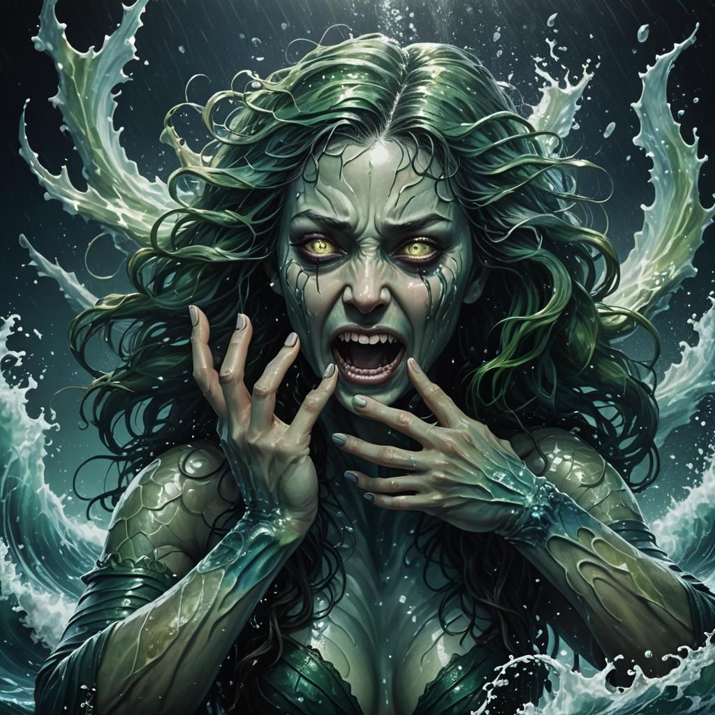 Surreal Oceanic Horror: Siren's Despair in Bioluminescent Gl...