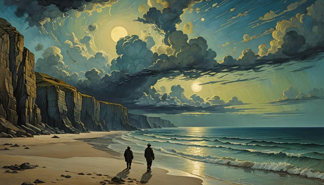 Extraterrestrials on Beach in Neo-Cubist Style