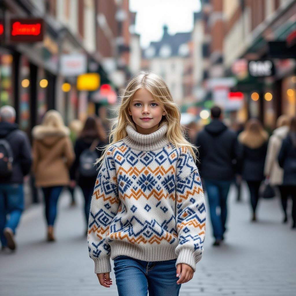 Scandinavian Girl in Bustling City Street