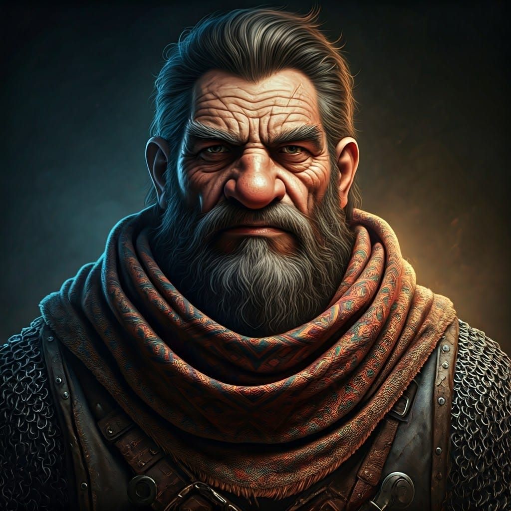 Gnarled Dwarf Warrior in Moody, Triadic Hues