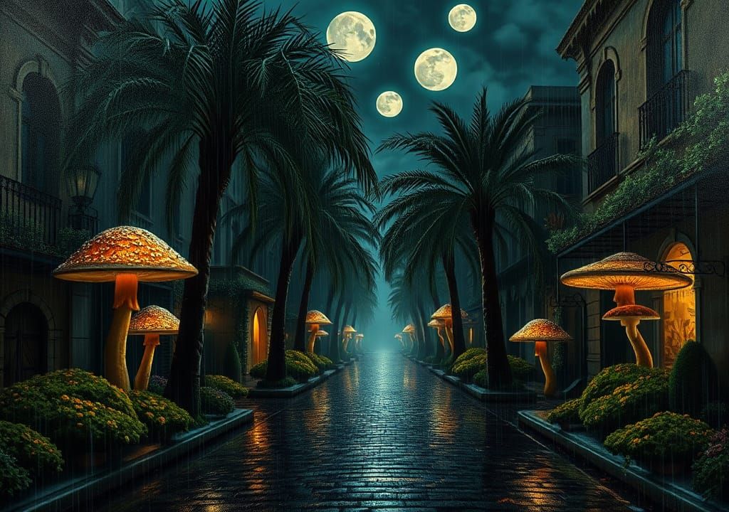 Gothic Surrealism: Three Moons Over Cobbled Street