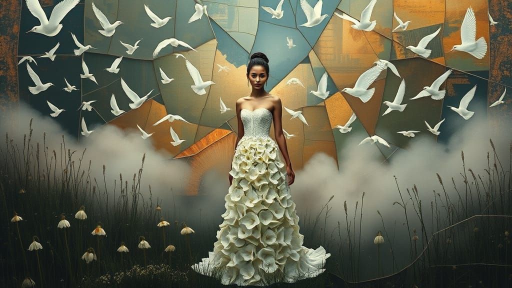 Woman in Fritillaria Dress in Surreal Landscape