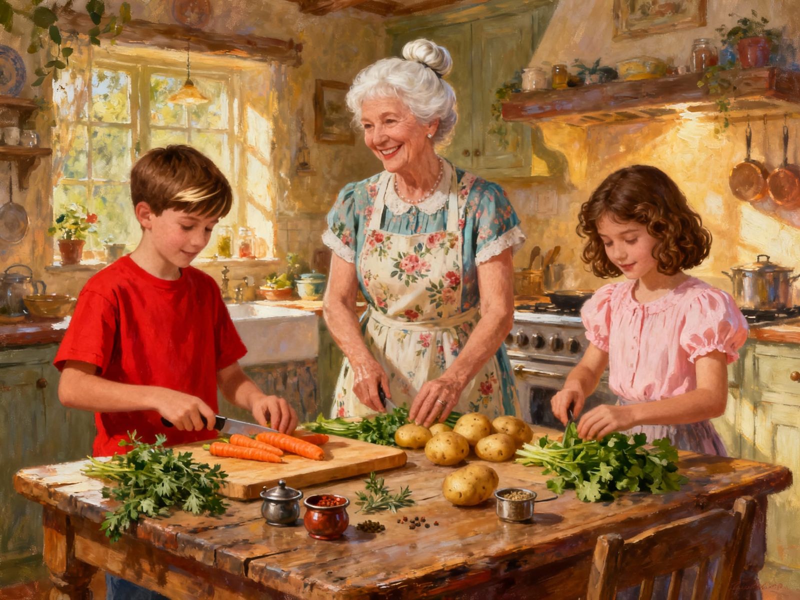 Grandma Teaches Kids Cooking in Cozy Country Kitchen