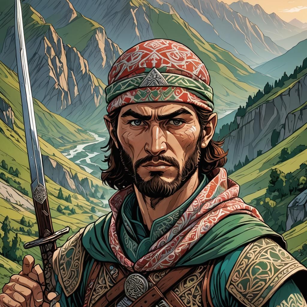 Manga-Inspired Chechen Warrior in Traditional Attire, Holdin...