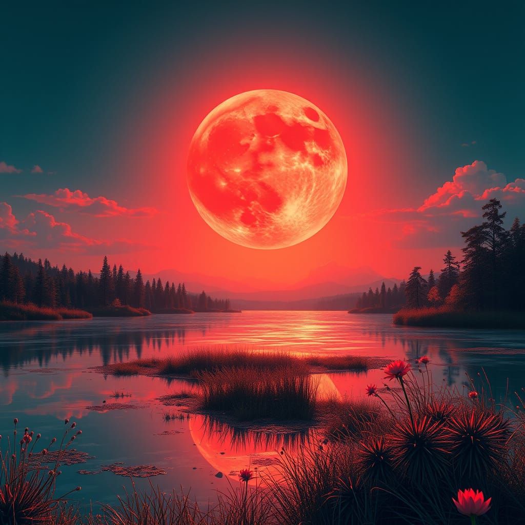 Blood Red Moon Over Serene Lake in Oil Pastel