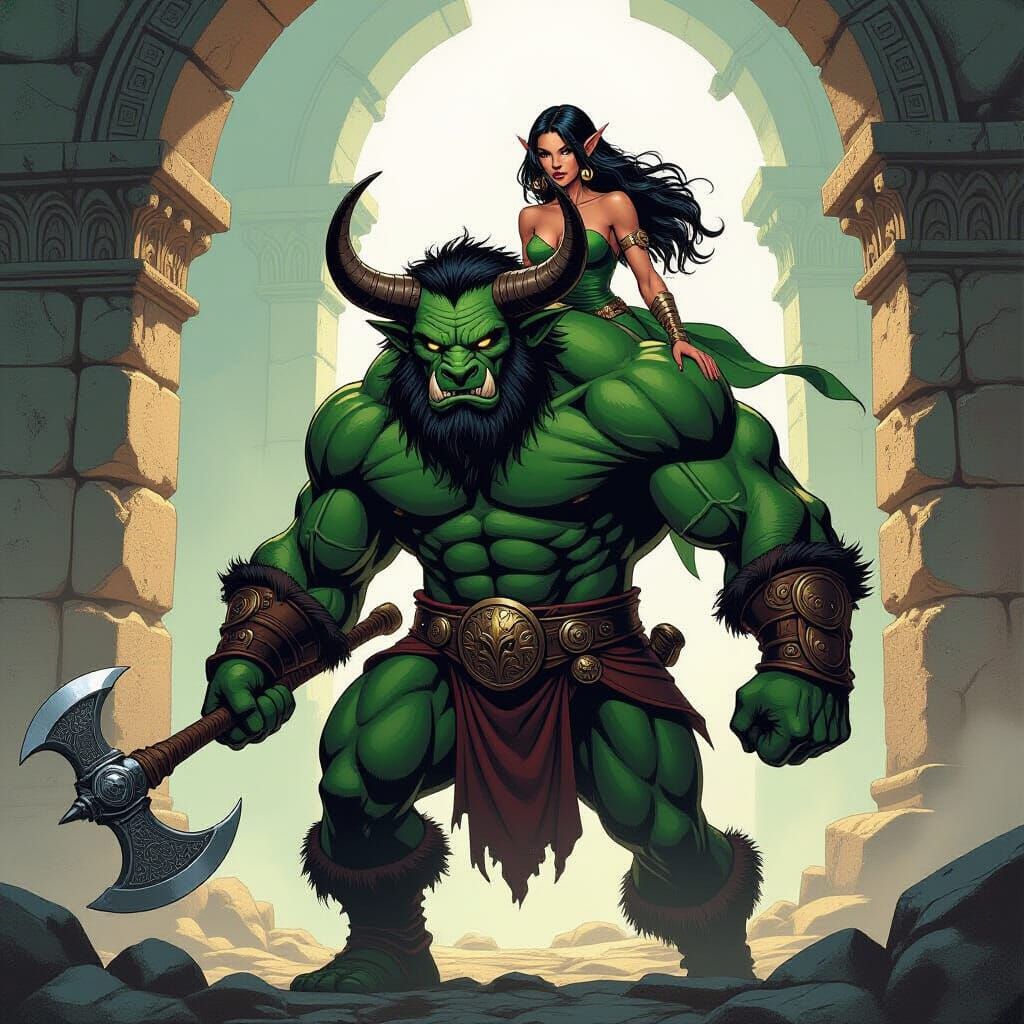 Minotaur Carries Elf Woman with Axe, Comic Style