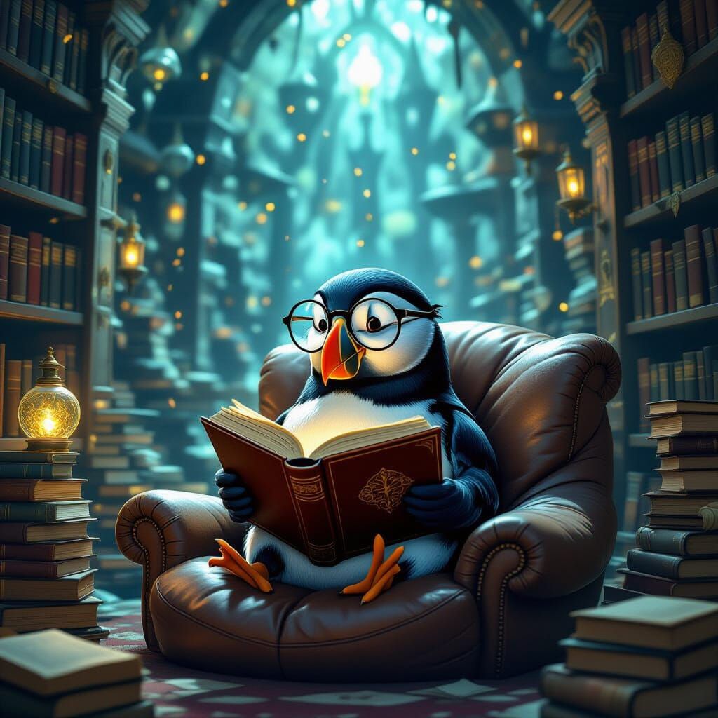 Puffin Reading in a Mystical Library as Digital Painting