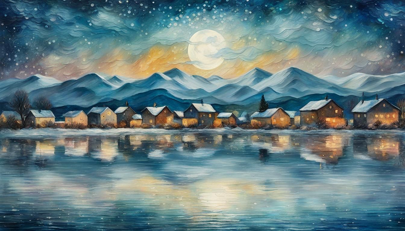 Winter Village on Lake Shore as Encaustic Art