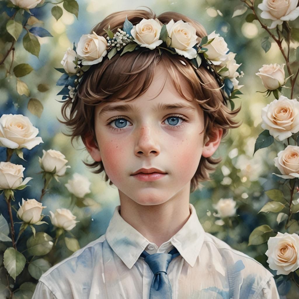 Boy with Rose Crown in Dreamy Watercolor Style