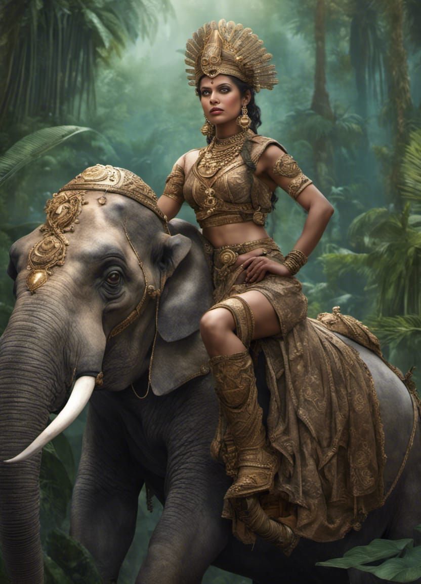 Indian Woman Warrior On Elephant