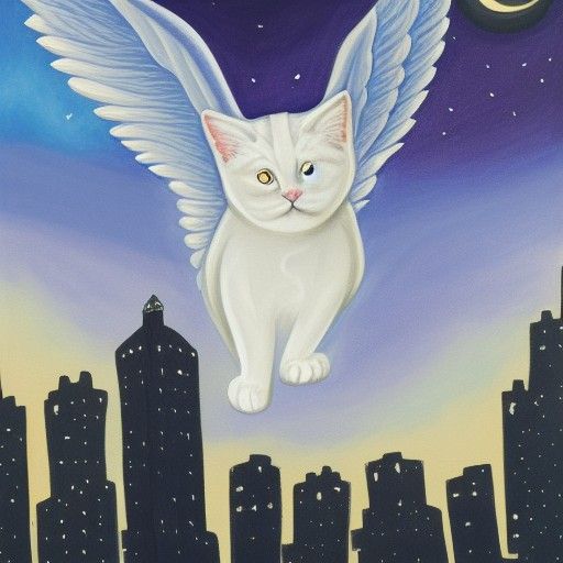 Angelic White Cat Flies Over City: Gouache Painting