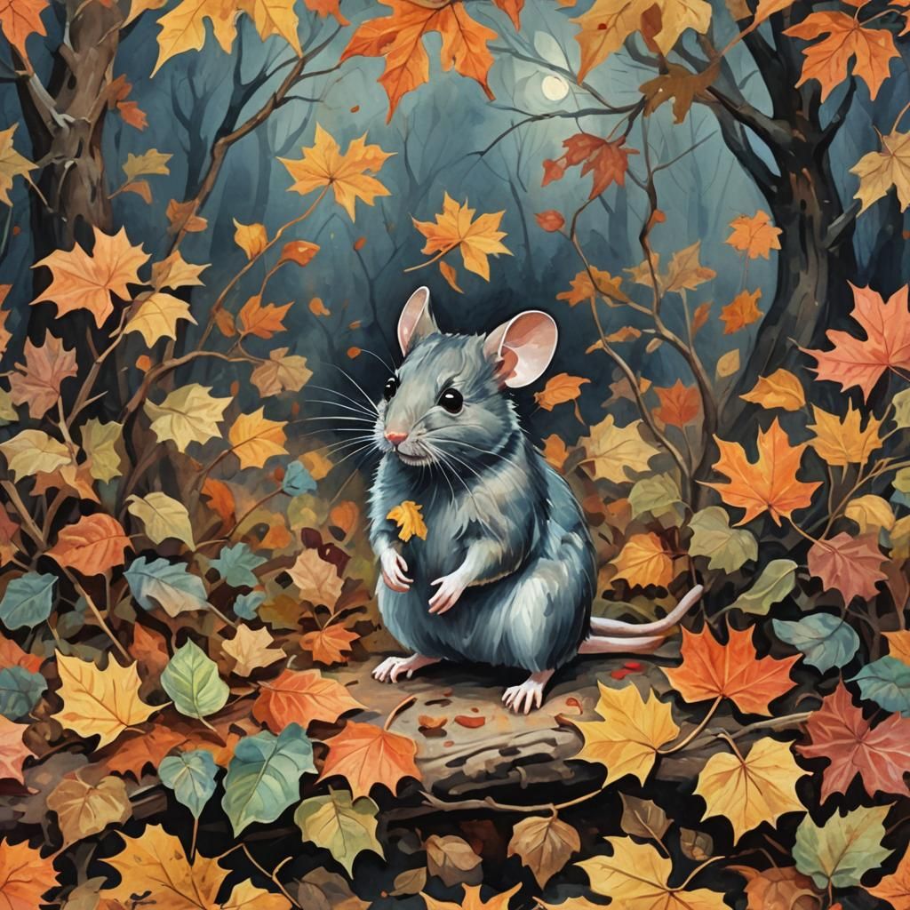 Spooky Autumn Mouse in Gouache Style