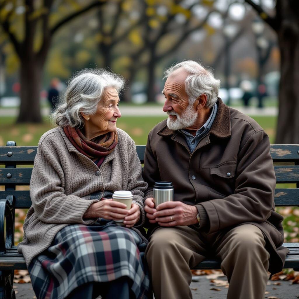 Elderly Couple Shares Coffee on Park Bench, Hyperrealistic P...
