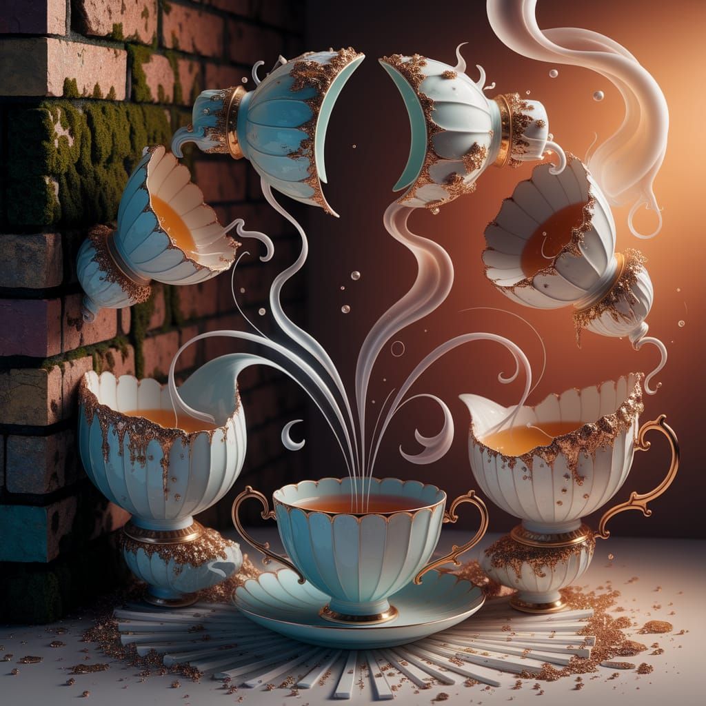 Kaleidoscope Art of Shattered Teacups in Candy Art Style