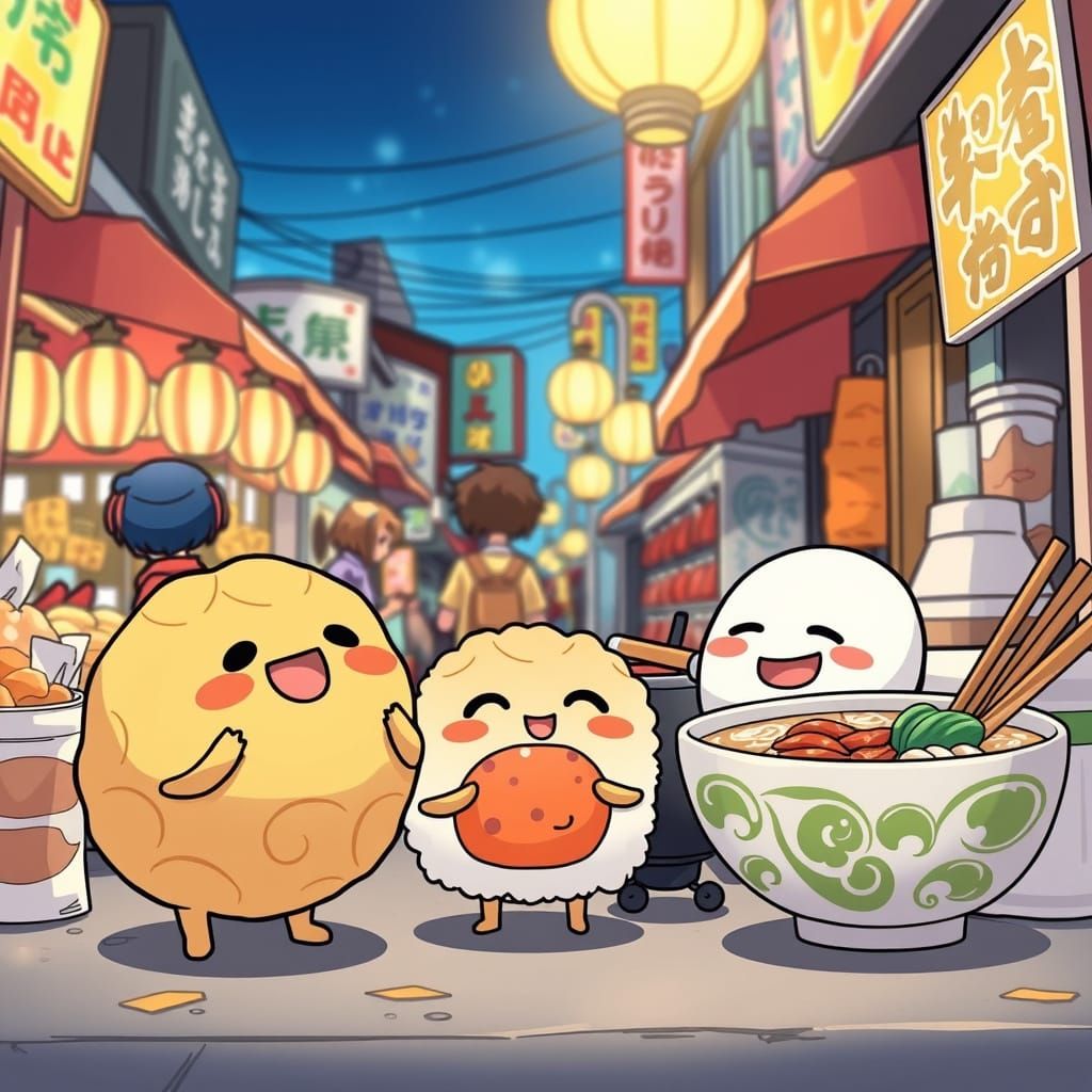 Anime Food Characters at Street Food Market