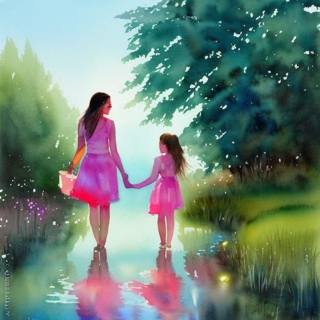Cute Girl and Mom in Watercolor Sarah Kay Style