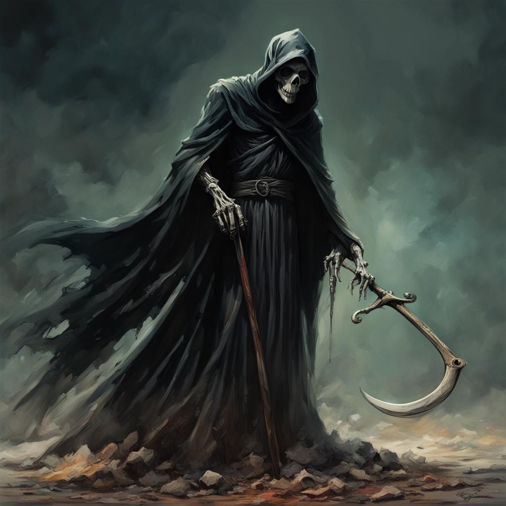 Hyperrealistic Grim Reaper with Scythe in Splash Art