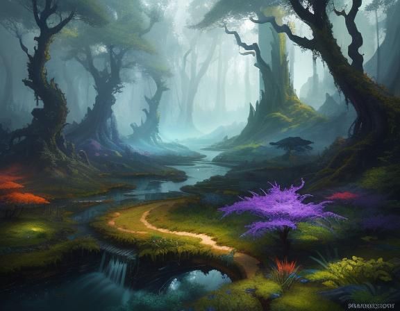 Magic Forest Landscape with Dragon and Wolf