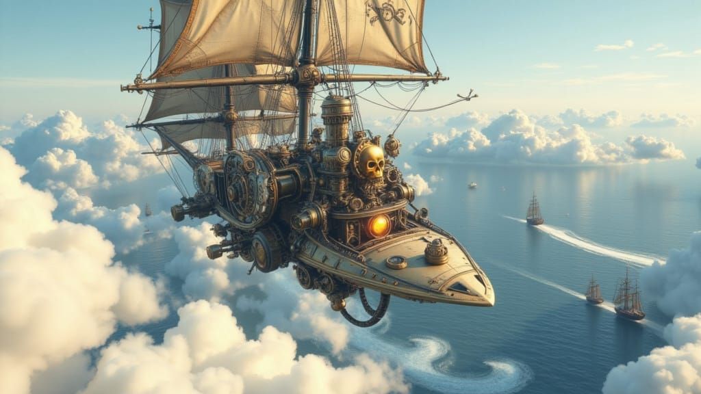 Steampunk Pirate Ship in Vibrant Sky