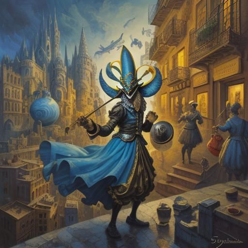 Pulcinella in Melting Cityscape: A Surrealist Painting