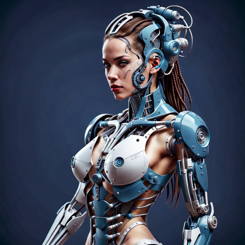 Detailed Blueprint of a Female Cyborg in AutoCAD Style