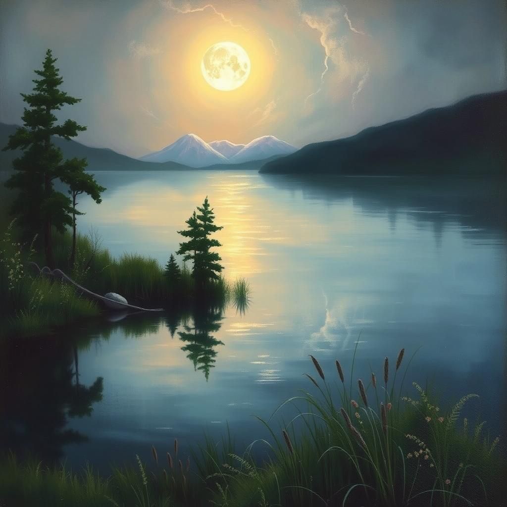 Dreamy Moonlit Lake Landscape as Expressive Painting