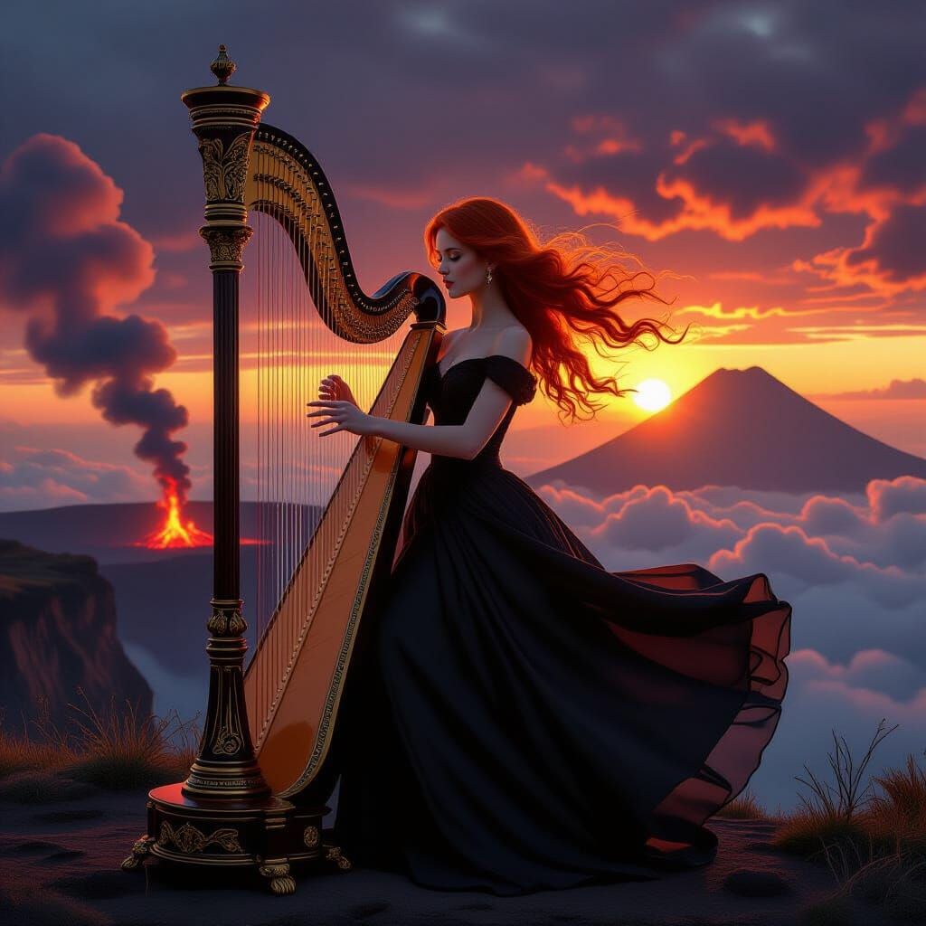 Red-Haired Harpist Plays by Smoking Volcano at Sunset