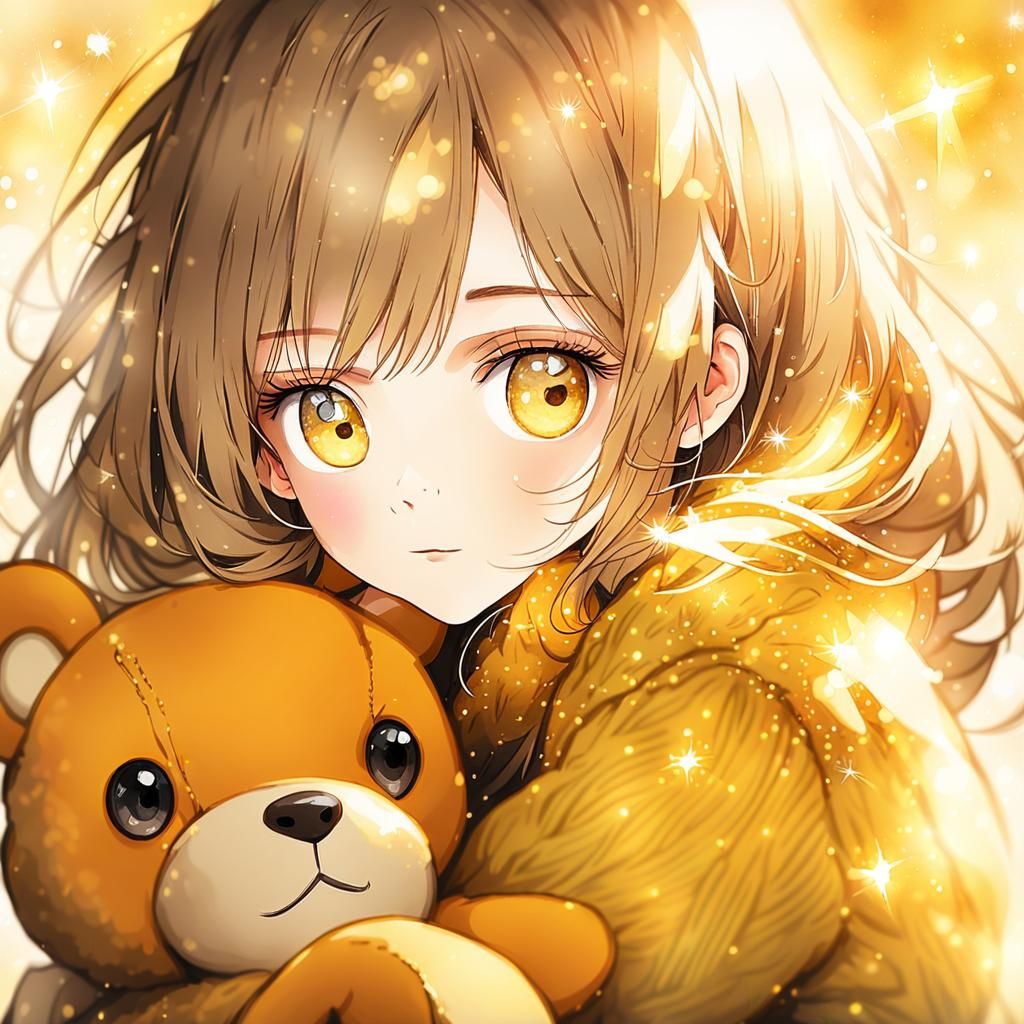 Anime Girl Portrait with Bear in Watercolor Style