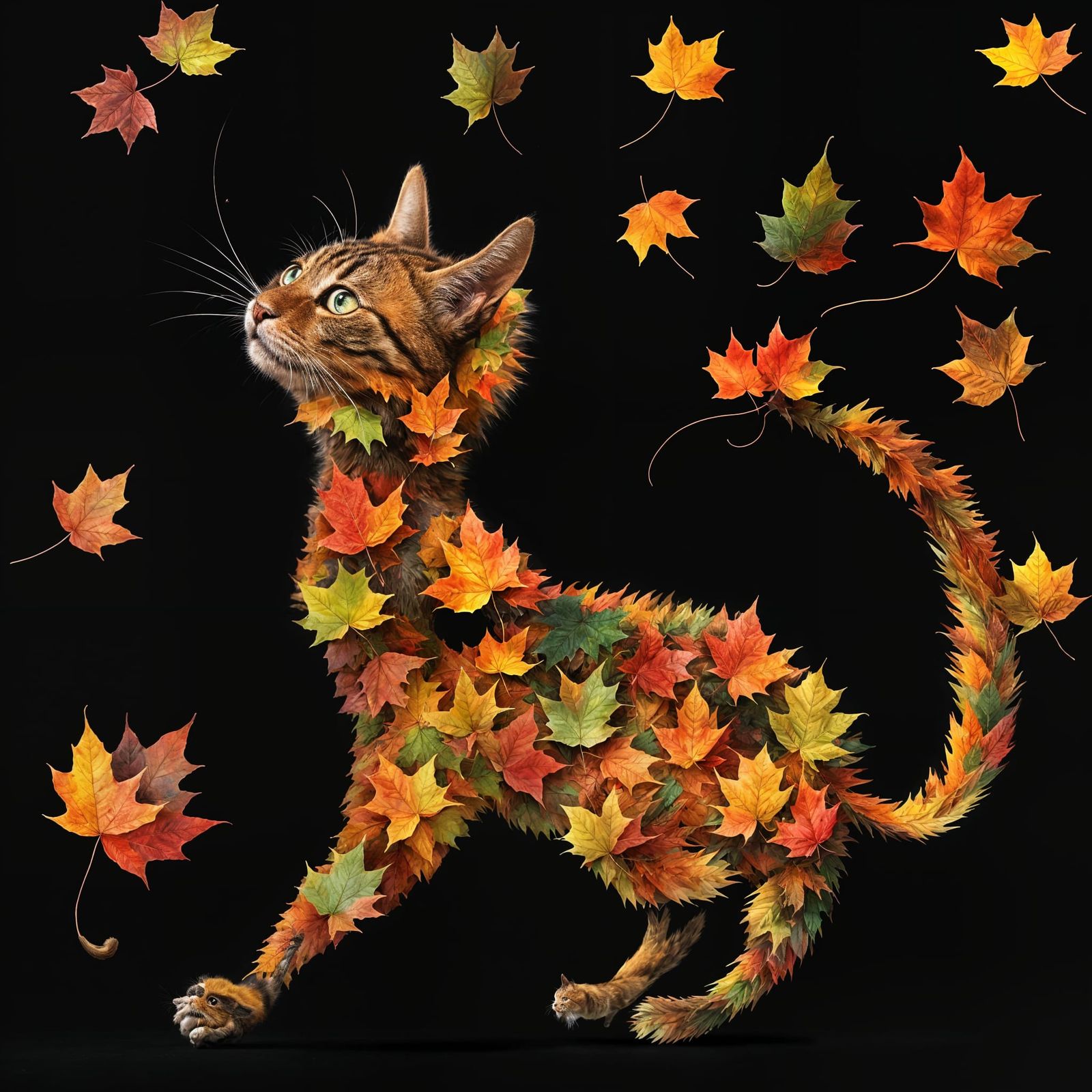 Whimsical Autumn Leaf Cat in Motion