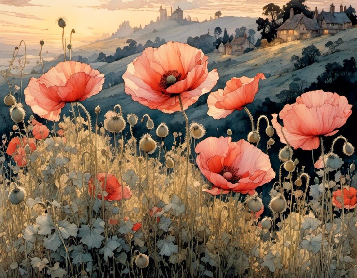 Poppies in Pink Evening Light: Detailed Illustration