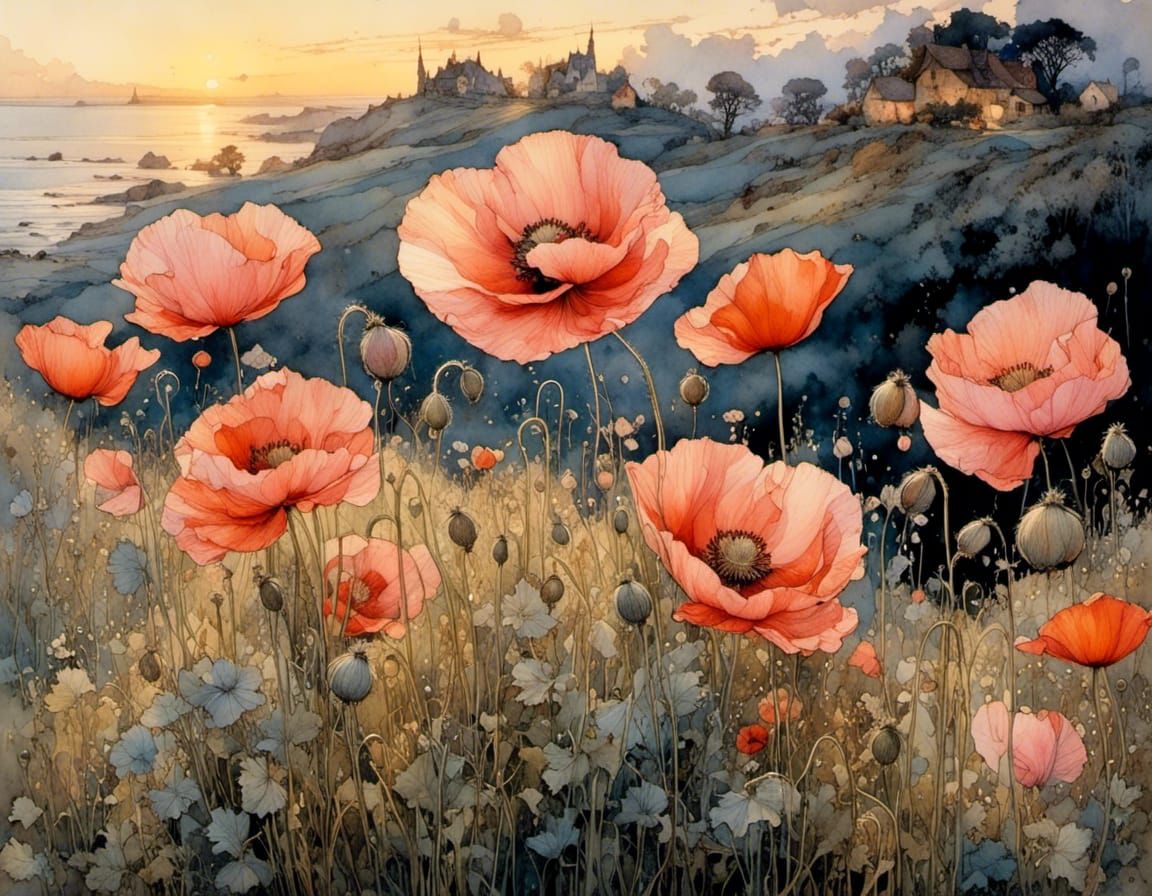 Whimsical Poppies in Soft Evening Light, in a Gentle Impress...
