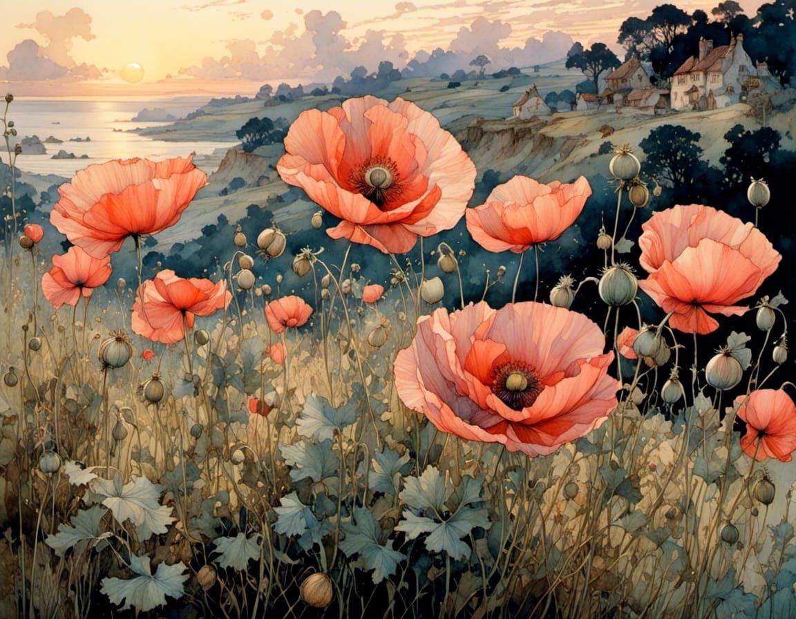 Vibrant Poppies in Whimsical Evening Light