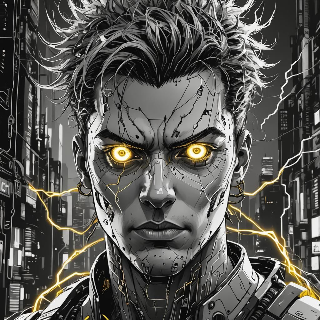 Cyberpunk Hero in Gritty Tritone with Crackling Electricity