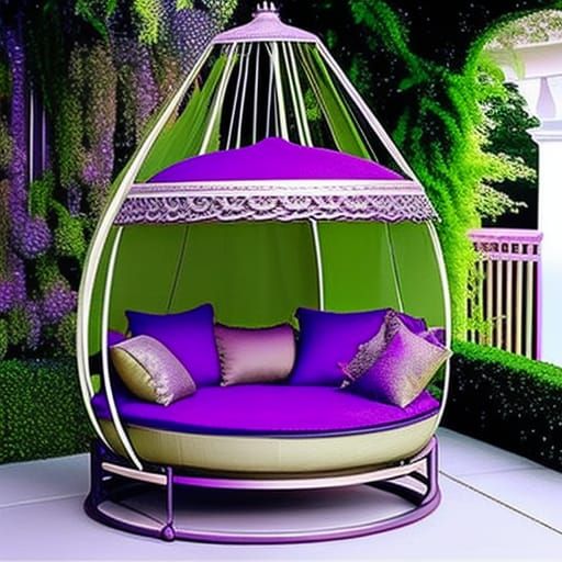 Purple Round Swing Bed with Pergola Roof and Planters& gothic vibes& ethereal vibes& magical vibes& dark fantasy vibes& ...