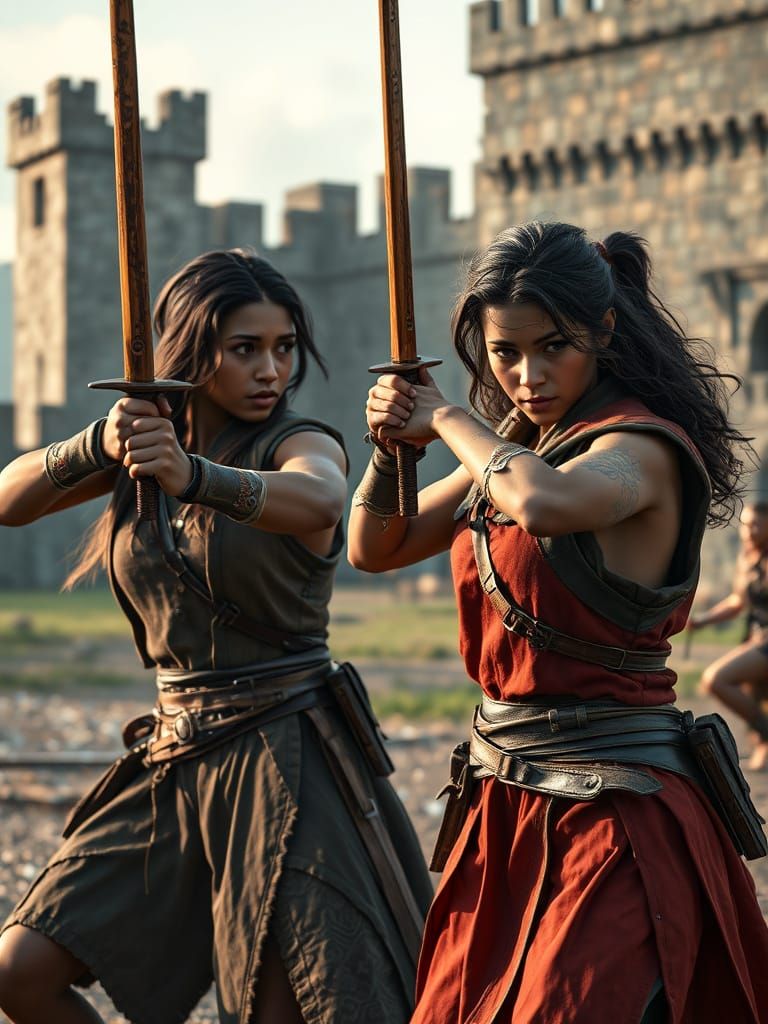 Barbarian Mother and Daughter Sparring, Fantasy Concept Art