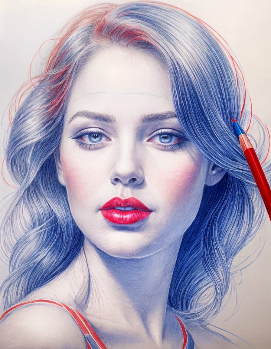 Elegant Brunette: Detailed Blue and Red Pencil Sketch