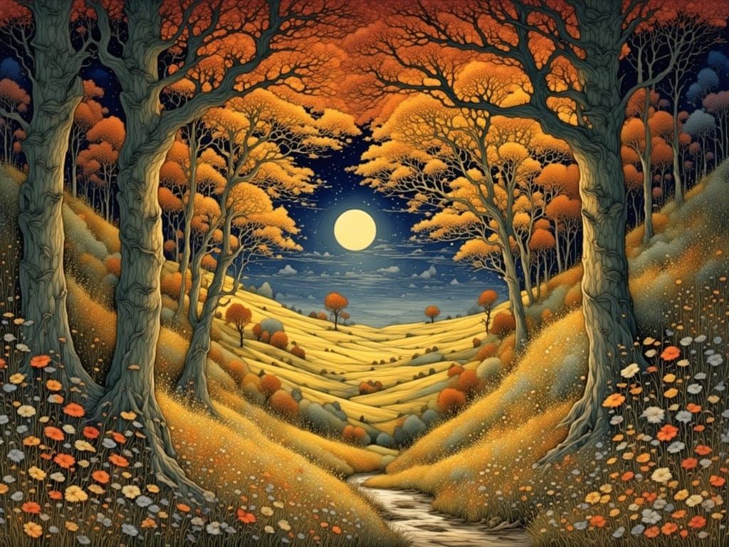 Autumn Dawn Landscape in Klimt and Tiffany Style