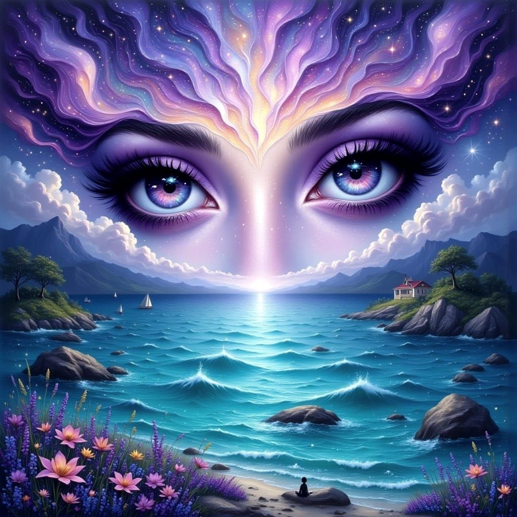 Turquoise and Purple Fantasy Landscape with Big Eyes