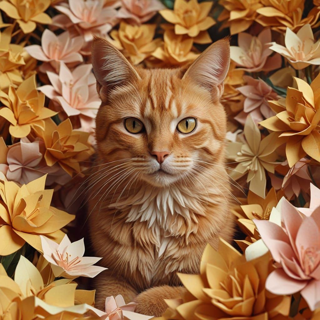 Origami Ginger Cat in Flower Clearing with Warm Sunlight