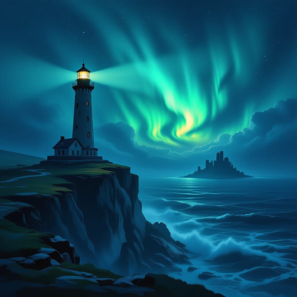 Lighthouse on Stormy Sea Under Aurora Borealis