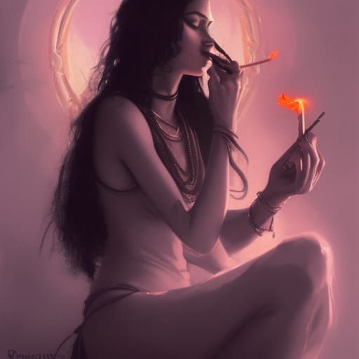 Sinister Hindu Goddess Smoking, Dark Fantasy Art