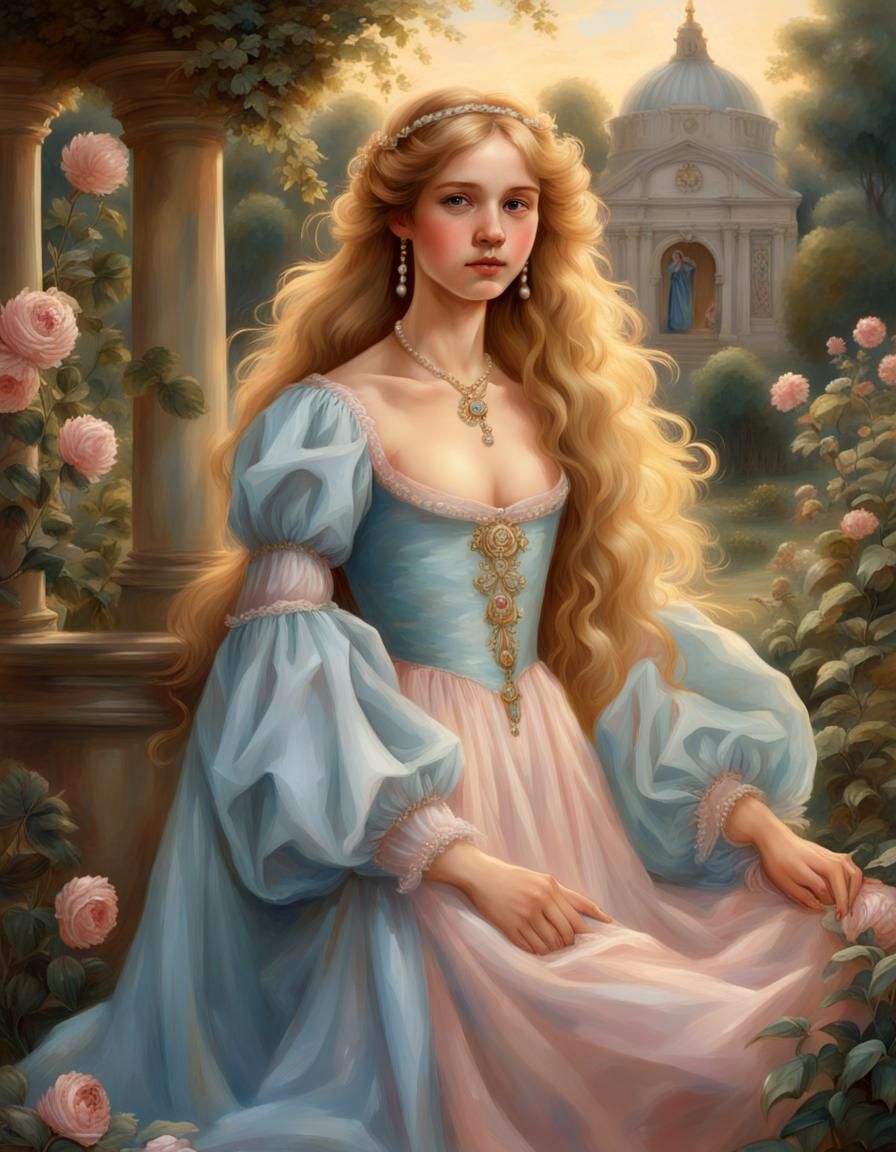 Renaissance Girl with Golden Hair in Garden