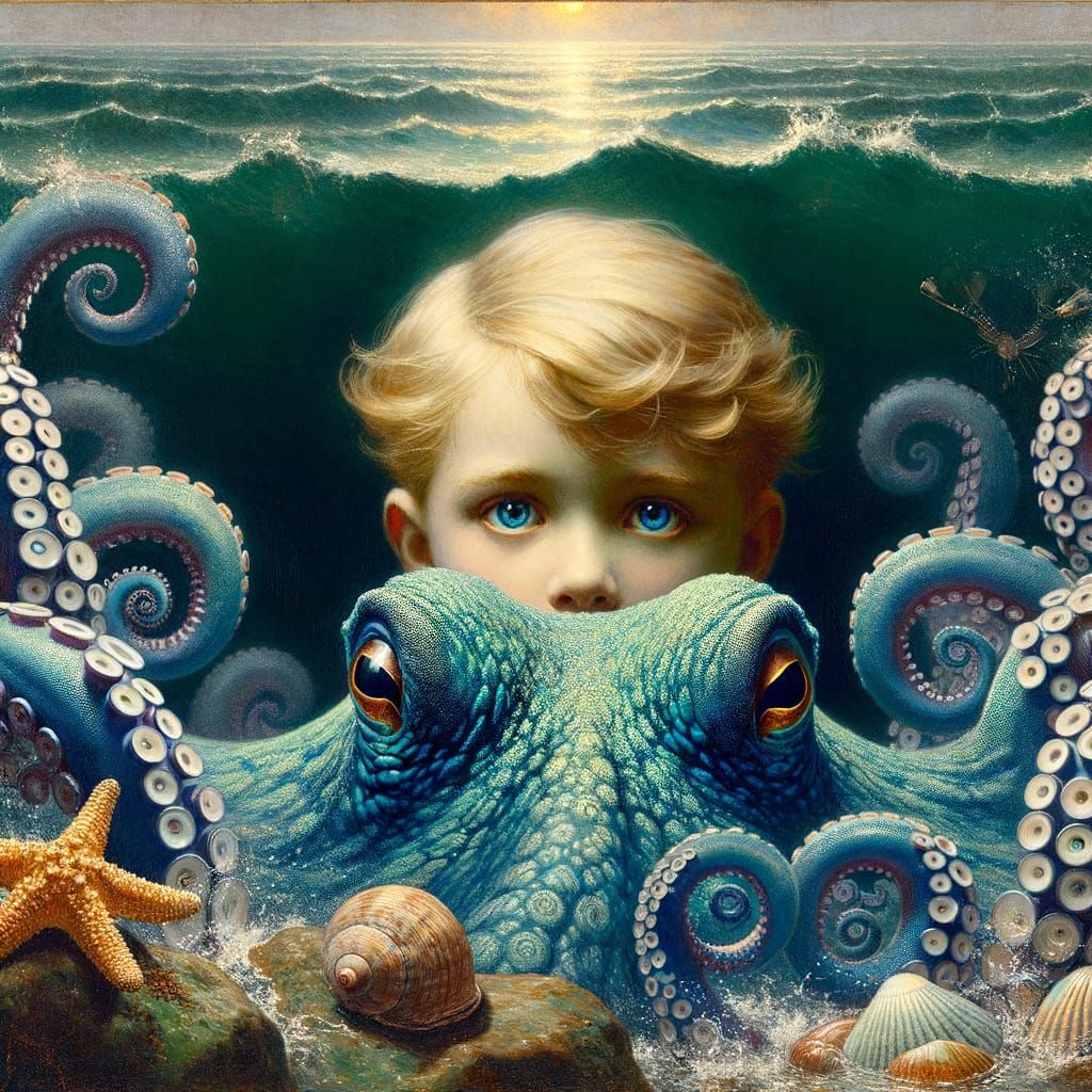 Child with Octopus in Illustrative Oil Painting Style