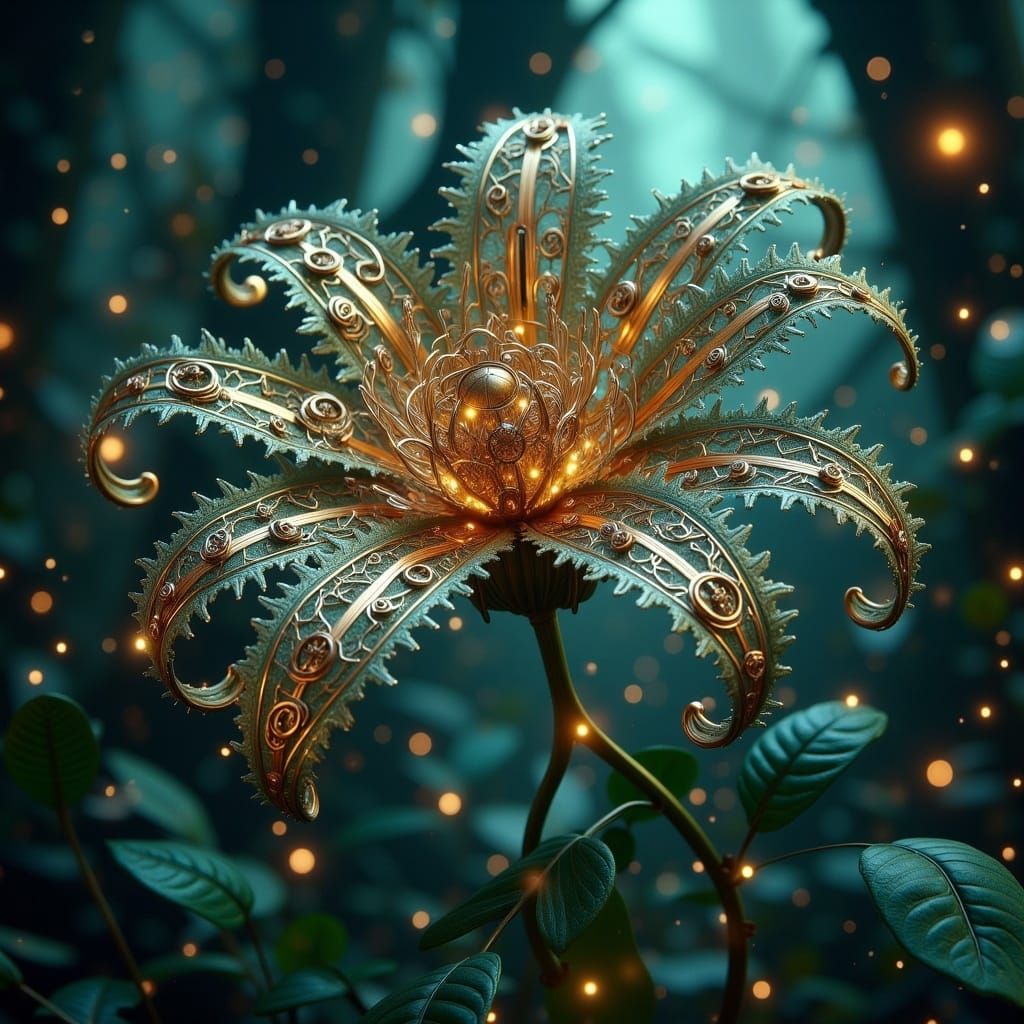 Steampunk Lily with Brass Gears in Ethereal Forest