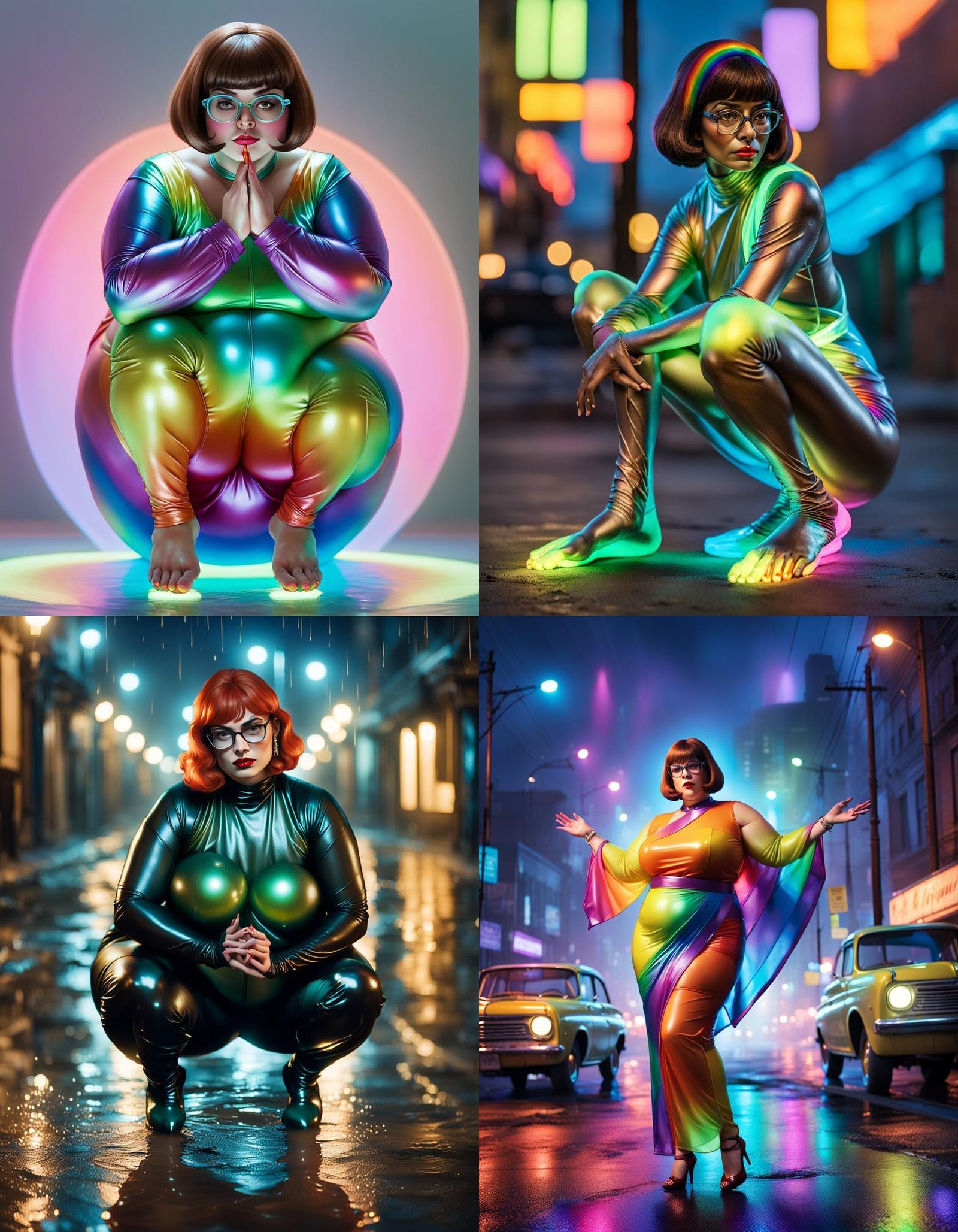 Hyperrealistic Velma in Rainbow Saree Under Street Lights