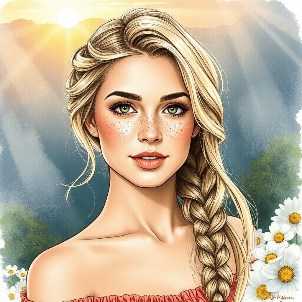 Pretty Woman with Freckles and Blonde Hair in Sunrise