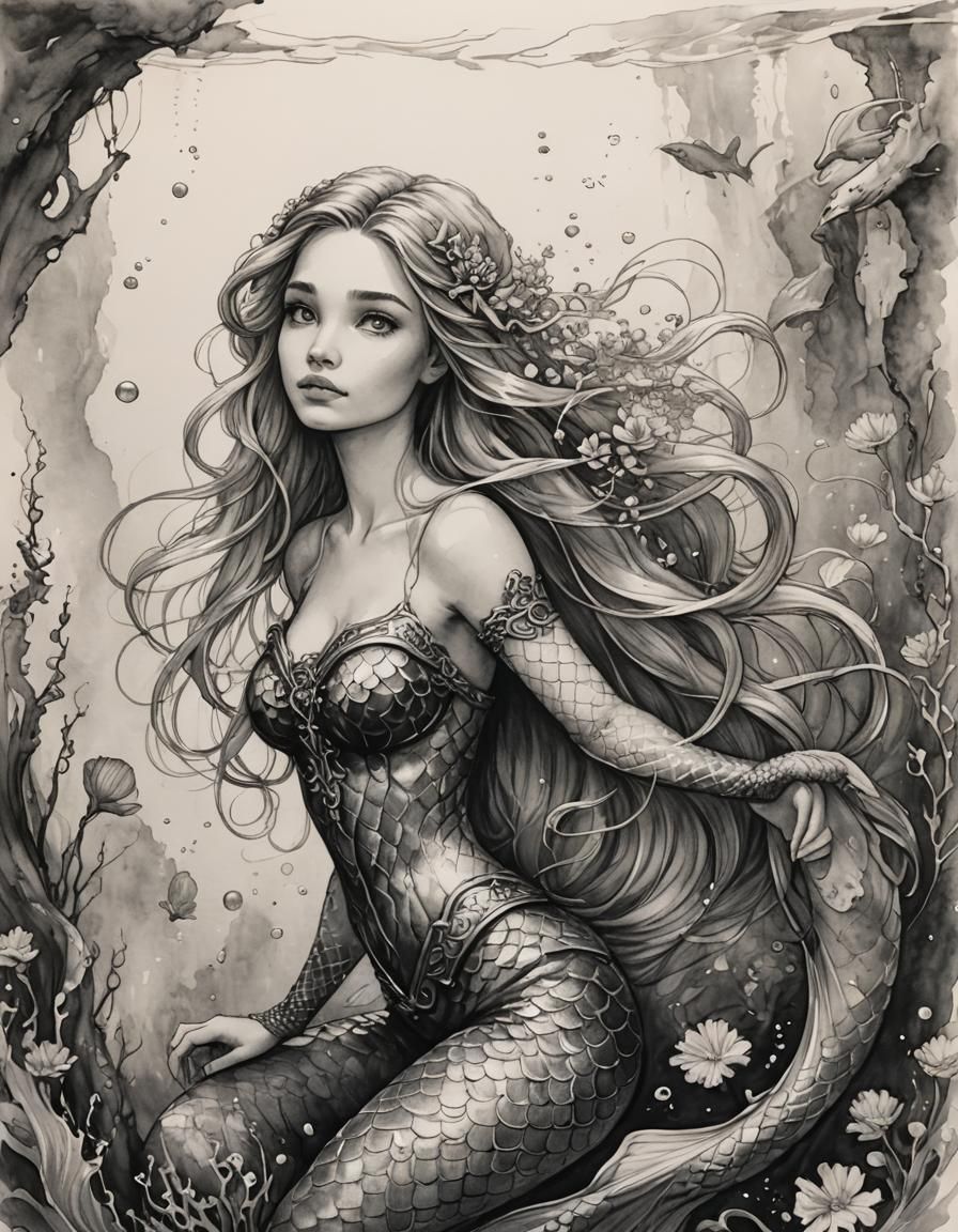 Mermaid Rapunzel in Fantasy Ink Sketch Style