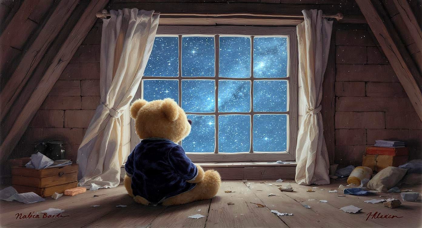 Nostalgic Teddy Bear Gazes at Starry Night