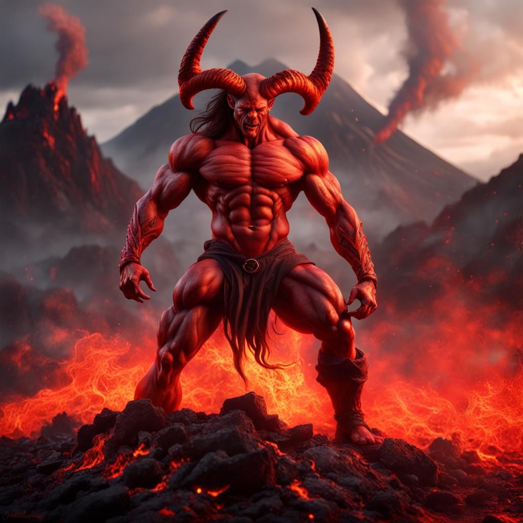 Hyperrealistic Muscular Demon with Lava Background