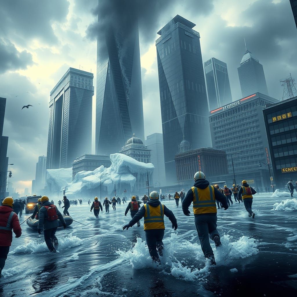 Apocalyptic Global Freezing Scene in a Desolate Cityscape